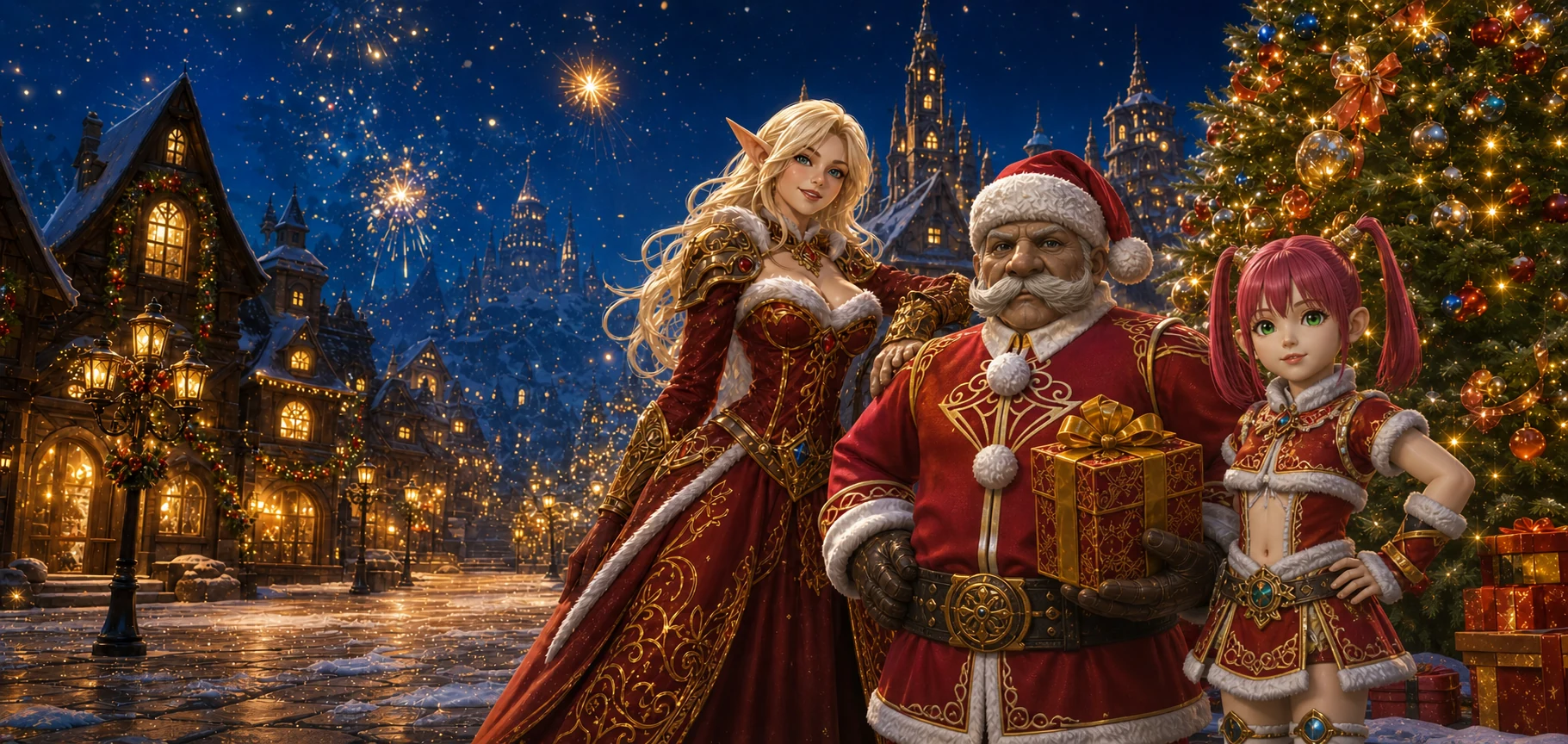 Игровые гном-Санта, эльфийка и гномка празднуют Новый год